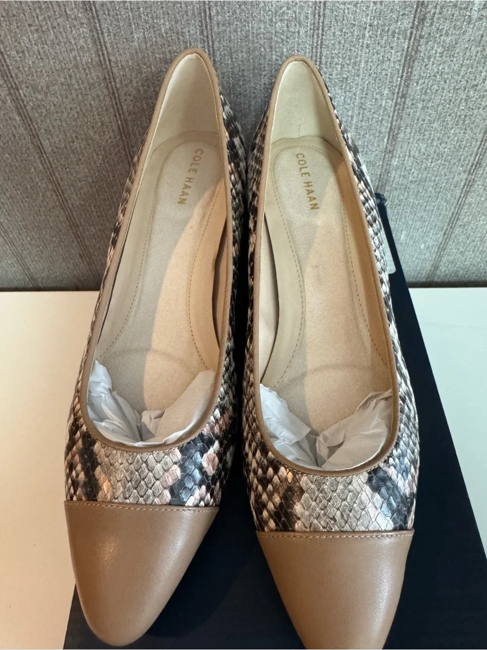 Cole Haan Snake-Print Block Heel Pumps with Taupe Cap Toe